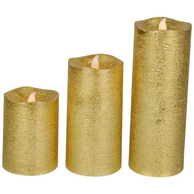 Northlight Set of 3 Brushed Golden LED Flameless Christmas Pillar Candles 8", 5 of 7