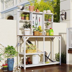 64.6" Large Outdoor Potting Bench, Garden Potting Table, Wood Workstation with 6-Tier Shelves, Large Tabletop & Side Hook for Mudroom Backyard, White - 1 of 4