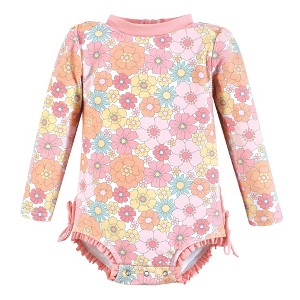 Hudson Baby Girls Rashguard Baby Swimsuit, Peace Love Flowers - 1 of 2