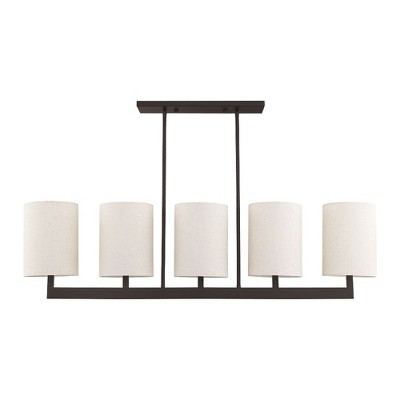 Elegant Bronze Drum 5-Light Linear Chandelier with Oatmeal Shade