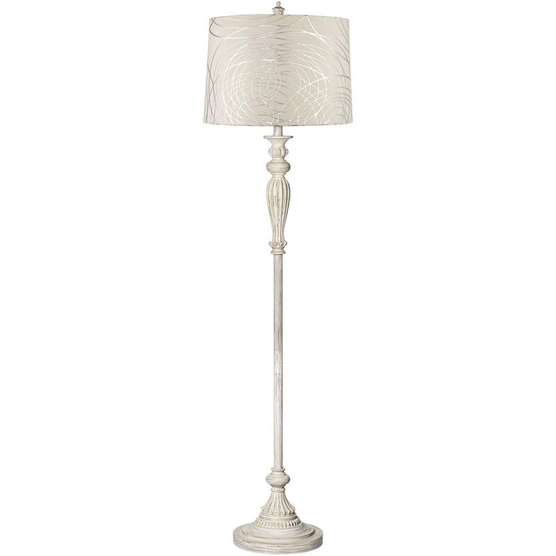 360 Lighting Vintage Shabby Chic Floor Lamp 60" Tall Antique White Washed Off White Washed Silver Drum Shade for Living Room Bedroom Office, 1 of 7