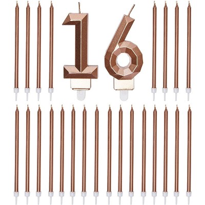 Blue Panda Rose Gold Numbers 16 Cake Topper & 24-Pack Thin Birthday Candles, 16th Birthday Party Decorations