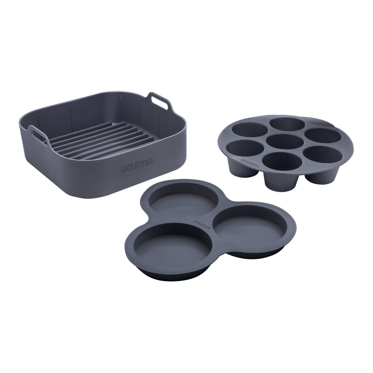 Gourmia Reusable 3pc Silicone Air Fryer Accessory Set with Basket Liner, Egg Bites Mold & Muffin Pan: Dishwasher-Safe, Hand Wash, Black, 1.49 lbs