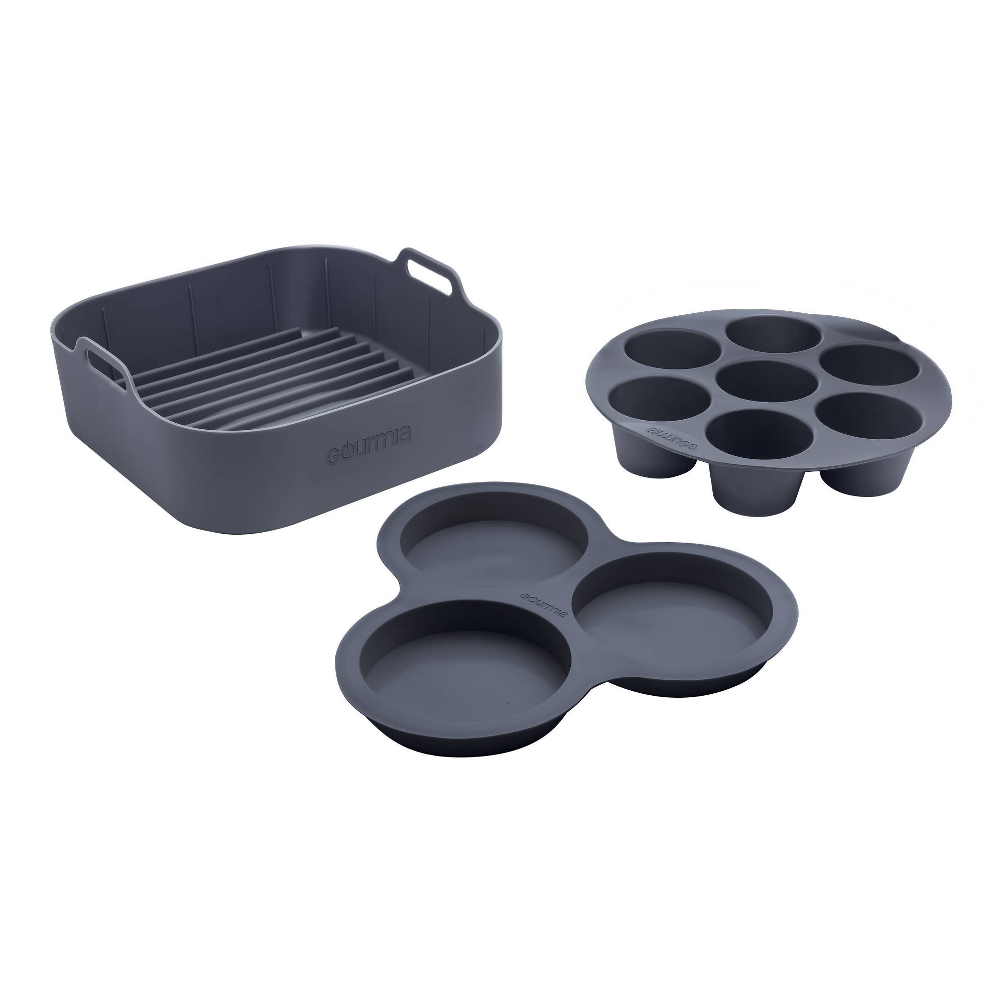 Gourmia Reusable 3pc Silicone Air Fryer Accessory Set with Basket Liner, Egg Bites Mold & Muffin Pan: Dishwasher-Safe, Hand Wash, Black, 1.49 lbs