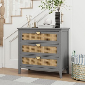 KTMBDW Dresser with 3 Drawers, Rattan Storage Cabinet with Metal Handles for Bedroom, Hallway, Entryway, Closets - 1 of 4
