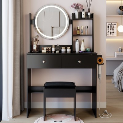 VYNXARIA 17" Round Mirror Vanity Table&Cushioned Stool,Big Mirror,Large Desktop, Multi-layer High Capacity Storage,Black