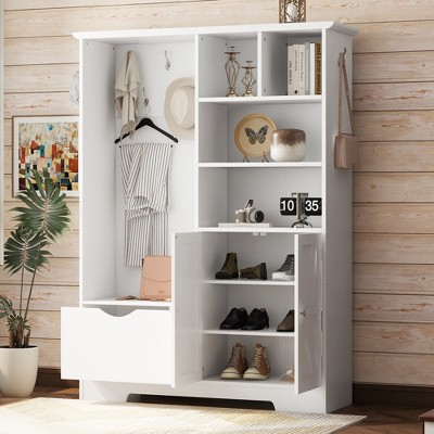 TIRAMISUBEST Hall Tree with Storage Bench & Coat Rack - Modern Entryway Organizer with Shelves & Drawers, Farmhouse Style, White