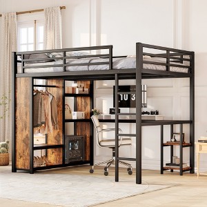Queen Size Loft Bed Frame with Built-in Wardrobe Metal Loft Bed with Desk and Storage Shelves Woodgrain - 1 of 4
