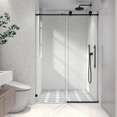 PexFix 76 in.x 54 in. Frameless Single Sliding Shower Door 8mm Tempered Glass With Adjustable Soft Closing Design for Spa Bathroom Matte Black