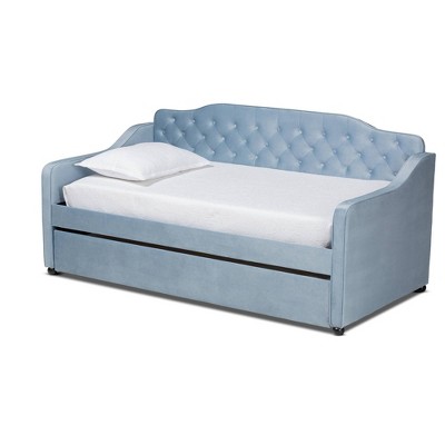 Twin Freda Velvet Tufted Daybed with Trundle Light Blue - Baxton Studio