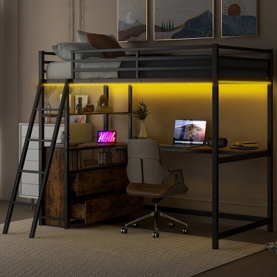 Twin Size Metal & Wood Loft Bed with Desk and Shelves, Loft Bed Frame with 2 Built-in Drawers, LED Light and USB Charging Station - ModernLuxe