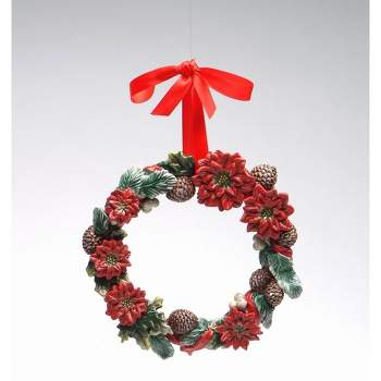 Kevins Gift Shoppe Ceramic Poinsettia Flowers with Pinecones Wreath With Red Ribbon