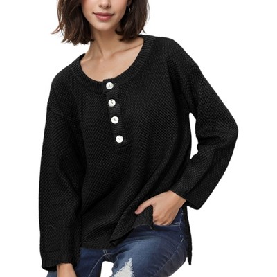 Anna-Kaci Women's Contrast Half Button Henley Down Textured Sweater