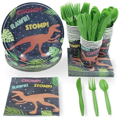 Juvale 24 Set Dinnerware Kids T-Rex Dinosaur for Boys Birthday Party Supplies BPA FREE