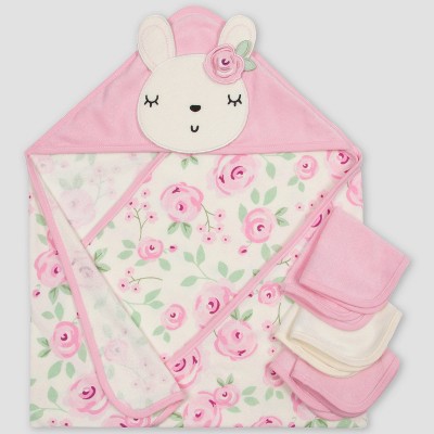 Gerber Baby Girls' 4pc Floral Bath Towel and Washcloth Set - Pink/Off-White
