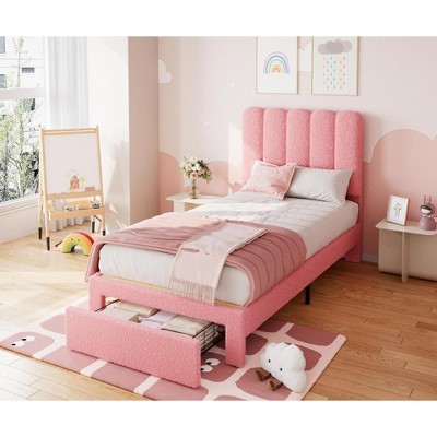 Twin Bed Frame with Storage Drawer and Headboard, Upholstered Platform Bed with Wooden Slats Support, Noise-Free, Easy Assembly