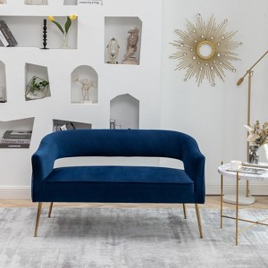 SEYNAR Modern 51'' Velvet Tufted Loveseat Open Back with Golden Metal Legs - 1 of 4