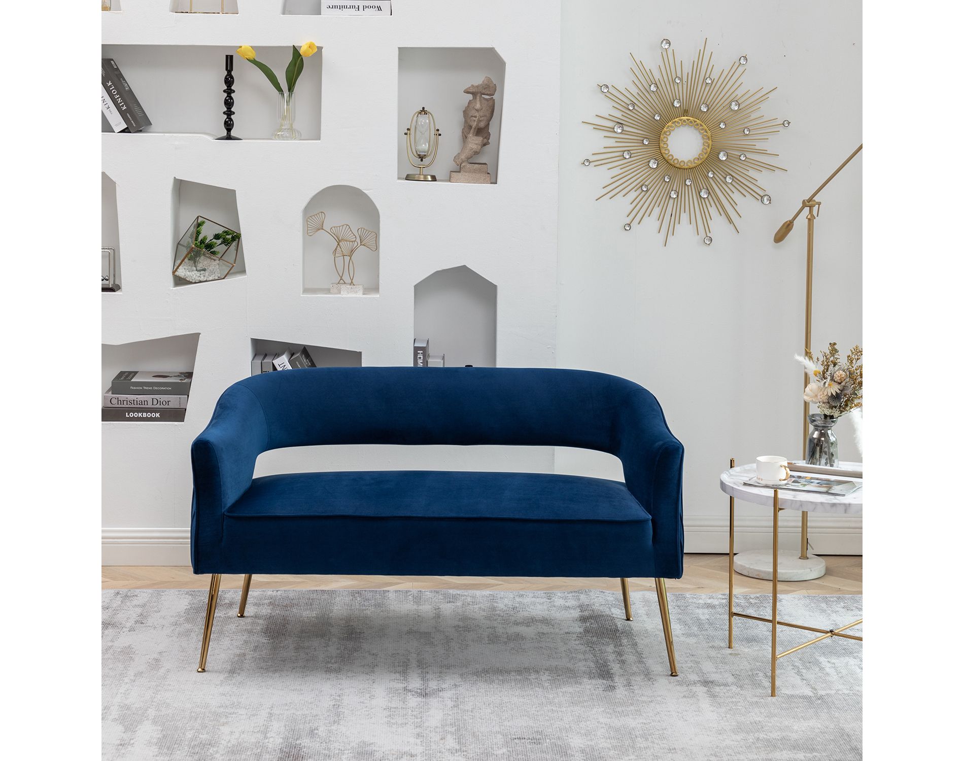 SEYNAR Modern 51'' Velvet Tufted Loveseat Open Back with Golden Metal Legs