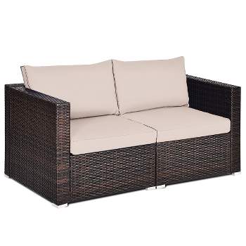 Tangkula 2-Piece Patio Wicker Corner Sofa Set Rattan Loveseat with Removable Cushions