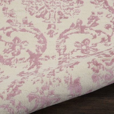 Ivory and Pink Synthetic Runner Rug with Damask Design