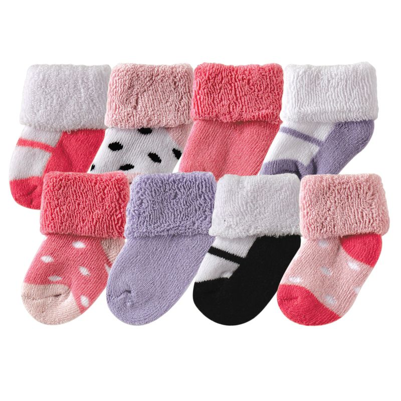 Luvable Friends Baby Girl Newborn and Baby Terry Socks, Pink Black, 1 of 3