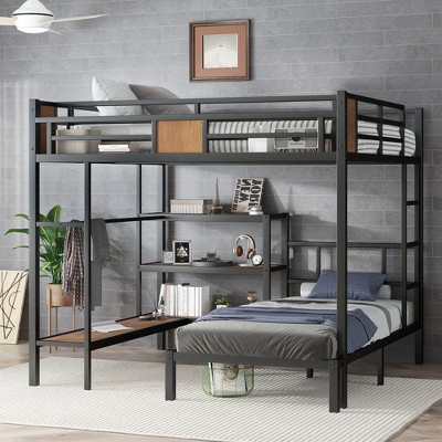 TIRAMISUBEST Queen Over Twin Bunk Bed with Storage Shelves and Hanger, L-Shaped Metal Bunk Bedframe with Ladder and Guardrail for Kids