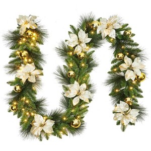 9FT Pre-Lit Christmas Garland with 70 Warm White LED Lights,Flocked Snow Pine Greenery - 1 of 4