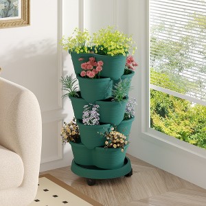 VECELO 5-Tier Vertical Garden Planter, Self Watering Stackable Planter with Wheels for Strawberries, Flowers, Vegetables, Set of 1/2 - 1 of 4