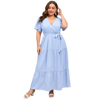 Womens Plus Size V Neck Wrap Maxi Dress High Waist Ruffle Summer Casual Dress with Belt