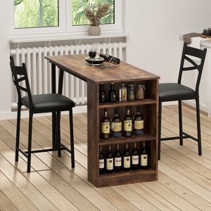 3 Piece Counter Height Dining Table Set with 3-Layer Shelves and 2 Upholstered Chairs, Space Saving Kitchen Table Set for Apartment Studio Pub, Black - 1 of 4