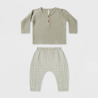 Q by Quincy Mae Baby 2pc Gingham Woven Long Sleeve Top & Pants Set - Ivory/Sage Green 18-24M