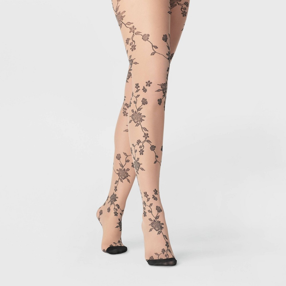 Women's Viney Floral Tights - A New Day™ Honey Beige S/M