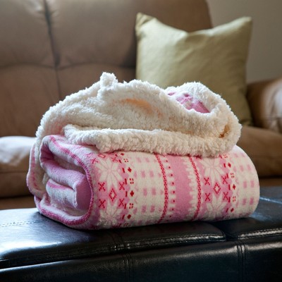 Hastings Home Fleece Sherpa Snowflake Pattern Blanket Throw - 50" x 60", Pink