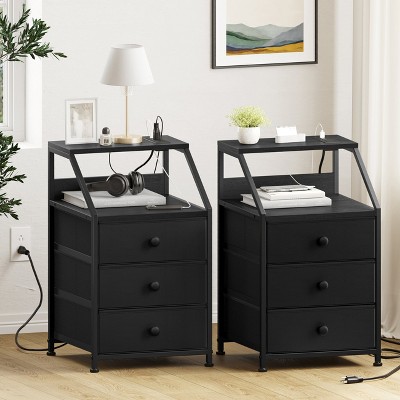 WOWLIVE Nightstands with 3 Drawers & Outlets, Bedside Tables with 2 USB Ports & 2-Tier Open Shelf