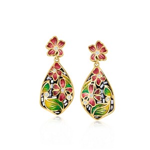 Ross-Simons Gray Mother-Of-Pearl and Multicolored Enamel Floral Drop Earrings With White Zircons in 18kt Gold Over Sterling - 1 of 3