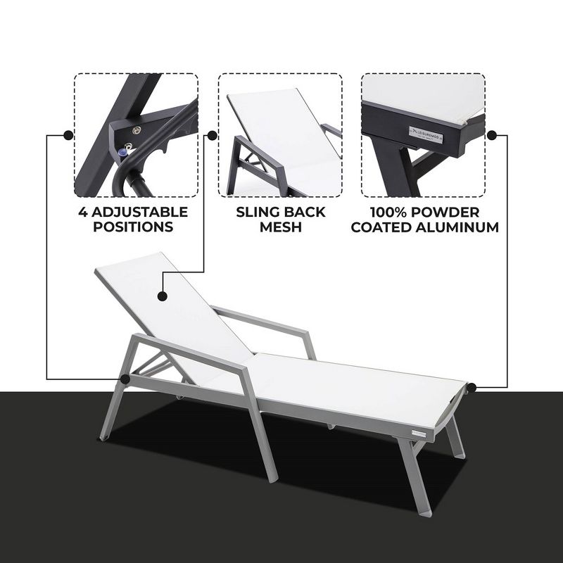 LeisureMod Marlin Patio Sling Chaise Lounge Chair With Arms in Grey Aluminum, Black, 2 of 13