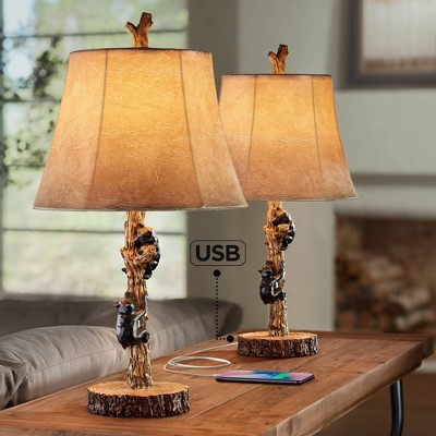 Rustic Brown Faux Wood Bear Table Lamps with USB Ports
