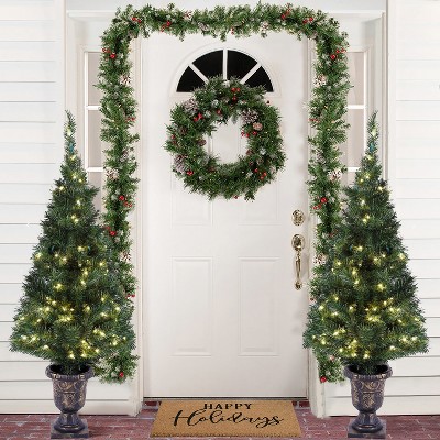 Set of 2 Pre-Lit Potted Pine Christmas Trees with LED Lights