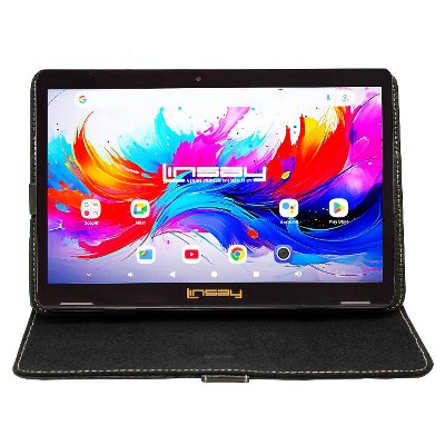 LINSAY® 10.1" Octa Core 256GB Storage Android 15 Tablet with Black Leather Case