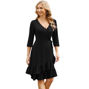 Coolmee Women V Neck Midi Dress Wrap 3/4 Long Sleeve Ruffle Hem Dress with Belt - 1 of 4