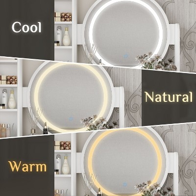 White Wood Makeup Vanity Set with LED Mirror and Stool