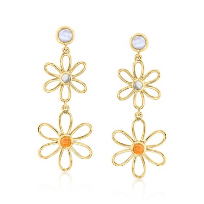 Ross-Simons Carnelian, Blue Agate and .20 ct. t.w. Aquamarine Flower Drop Earrings in 18kt Gold Over Sterling