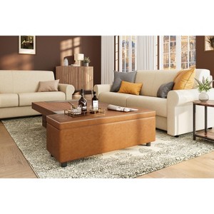 Mid-Century Storage Ottoman Bench – Synthetic Leather Stitching, Safety Hinges | 680LBS Capacity Bedroom Footrest - 1 of 4