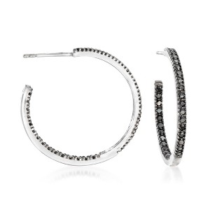 Ross-Simons 1.20 ct. t.w. Black Spinel Inside-Outside Hoop Earrings in Sterling Silver - 1 of 4