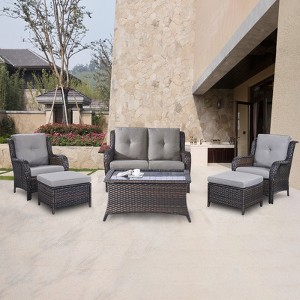 POCASSY 6 Piece Patio Furniture Set, All Weather Wicker Rattan Patio Lovseat Sofa Set with Wicker Patio Chair, Coffee Table and Ottoman - 1 of 4
