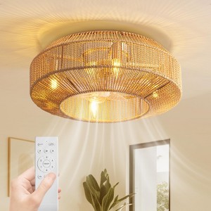 Ludomide 20" Boho Caged Ceiling Fan With Light And Remote Control, Rattan Drum Flush Mount Low Profile Ceiling Fan For Bedroom Living Room Kitchen - 1 of 4