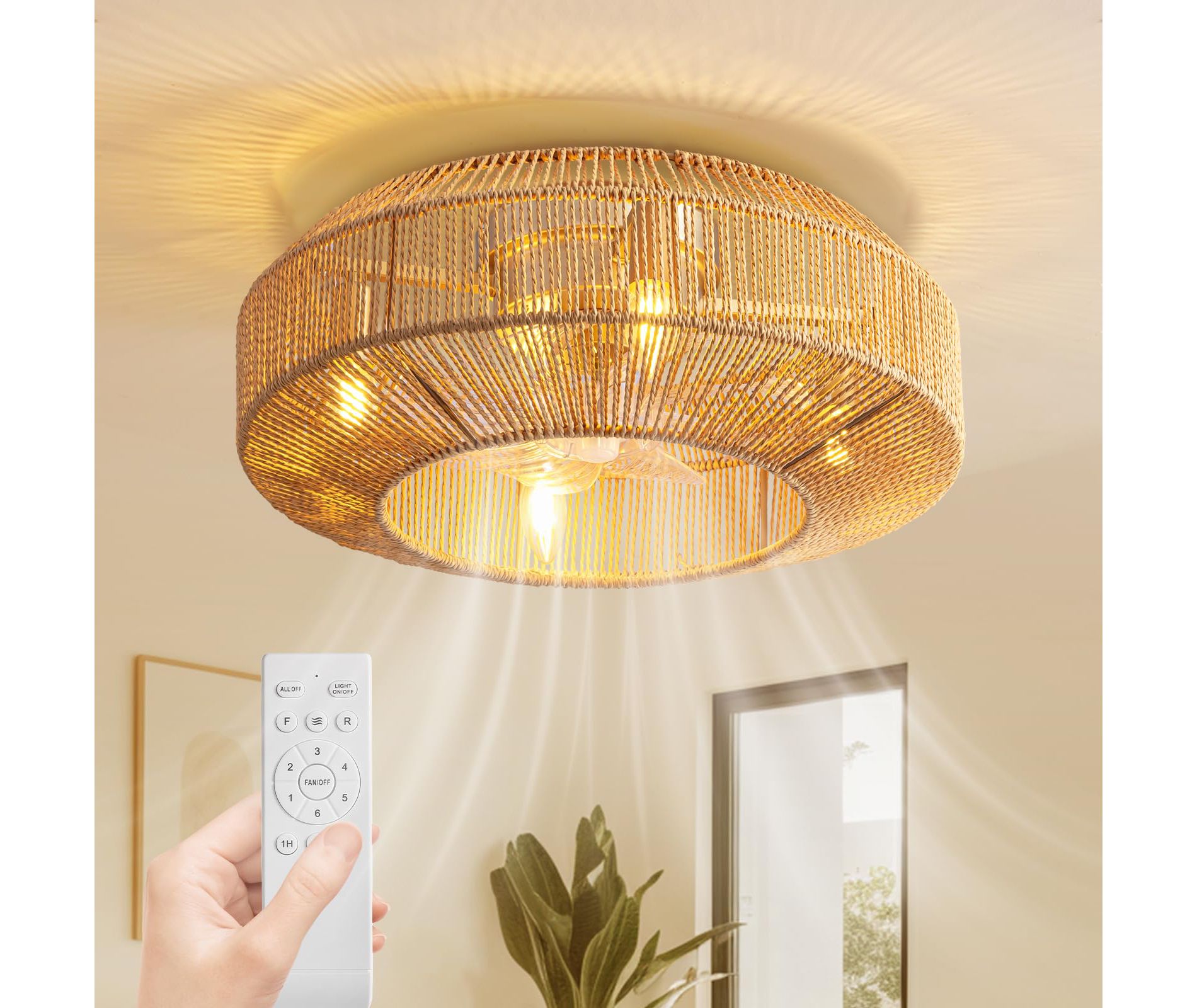 Ludomide 20" Boho Caged Ceiling Fan With Light And Remote Control, Rattan Drum Flush Mount Low Profile Ceiling Fan For Bedroom Living Room Kitchen