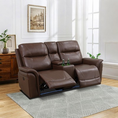 MAYEERTY Power Reclining Loveseat, Electric 2-Seat Leather Recliner with USB Charging, Storage & Cup Holders for Living Room, Reddish Brown