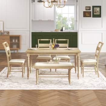6-Piece Vintage Style Dining Table Set with Upholstered Dining Chairs and Bench - ModernLuxe