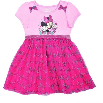 Disney Girl's Minnie Mouse Short Sleeve Birthday Dress with Bow Print Tulle Skirt for Kids